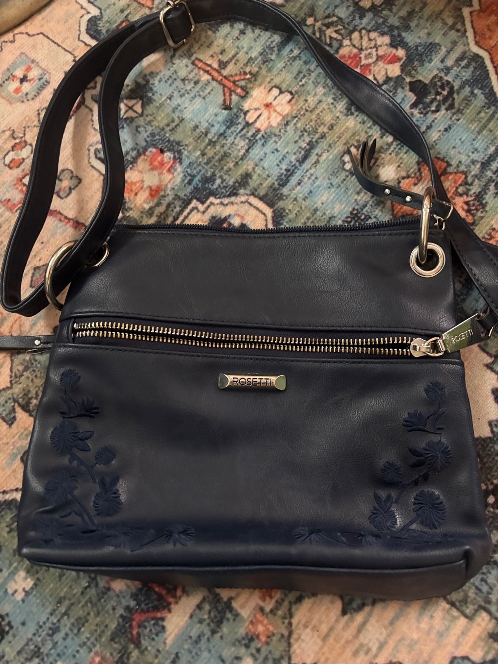 Rosetti Navy Blue Leather Embroidered Crossbody Bag